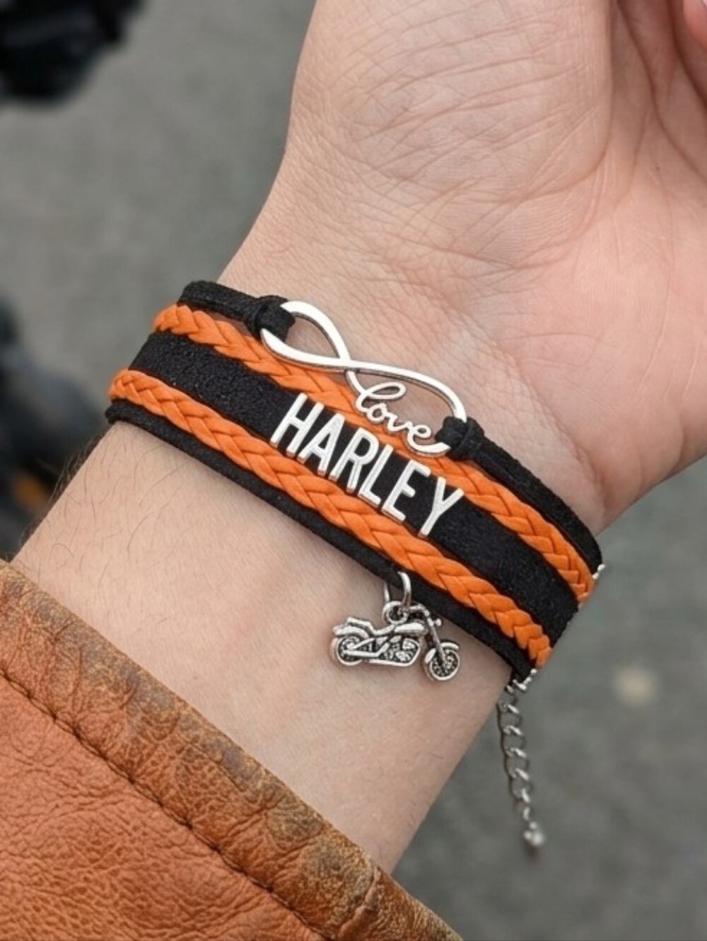 Harley-Davidson Orange and Black Braided Bracelet with Silver Chain And Charms